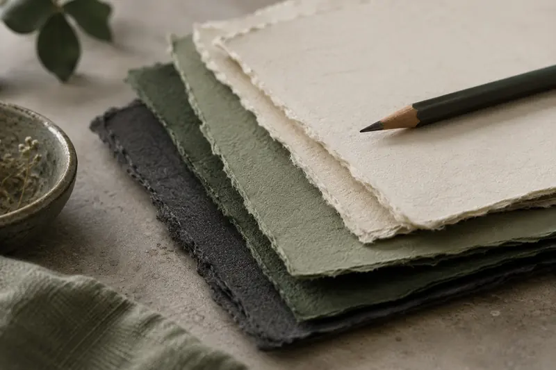 Uncoated paper samples in cream, sage and charcoal with a pencil